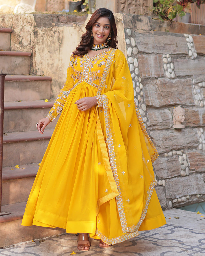 Mustard Color Faux Blooming Zari Embroidered Work Gown