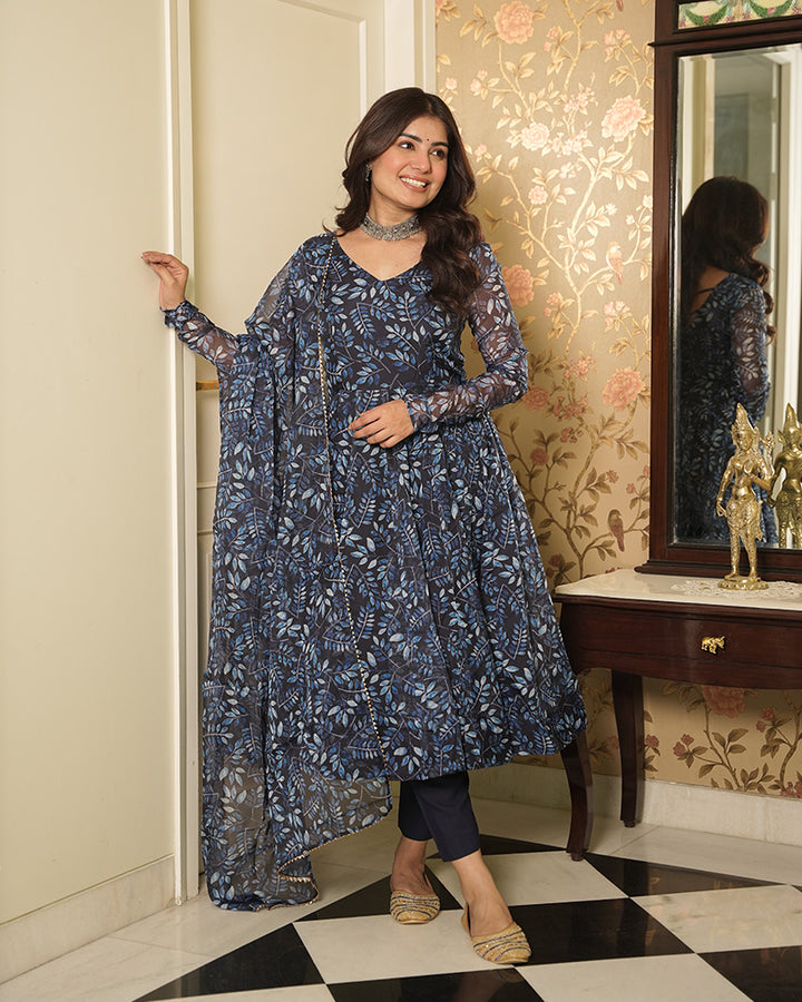 Navy Blue Color Printed Tebby Organza Three Piece Anarkali Suit