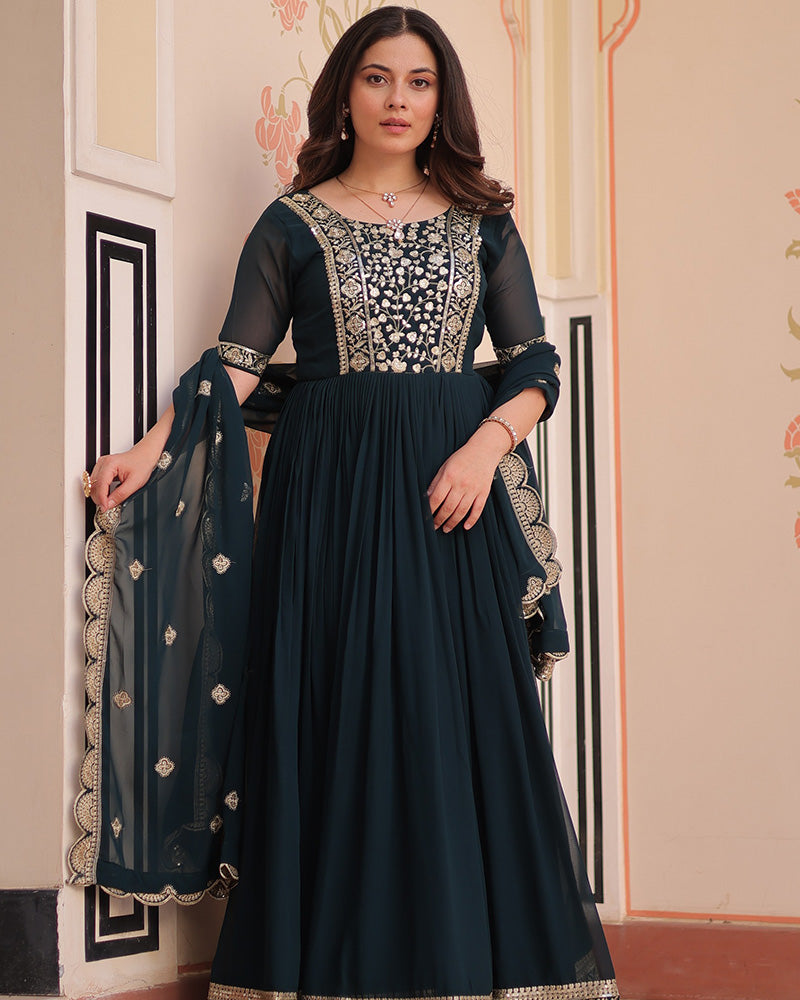 Designer Rama Blue Anarkali Gown with Golden Embroidery