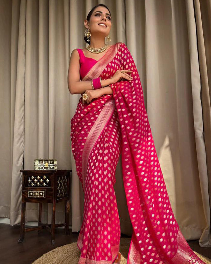 Beautiful Rani Pink Color Banarasi Jacquard Weaving Saree