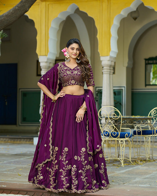 Wine Color Embroidered Rangoli Silk Lehenga Choli