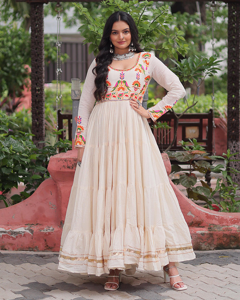 Off-White Kora Cotton Mirror-Embroidered Flared Navratri Gown