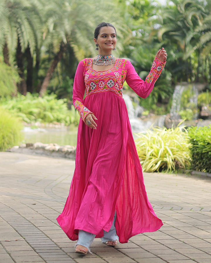 Pink Color Rayon Gamthi Work Navratri Kurti