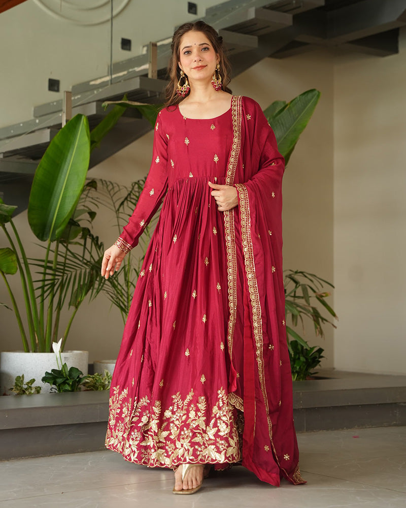 Red Color Chinnon Sequence Embroidered Gown
