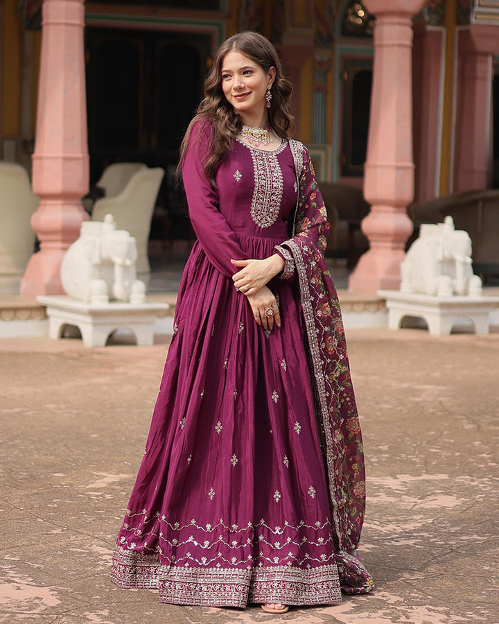 Wine Color Chinnon Sequence Embroidered Gown