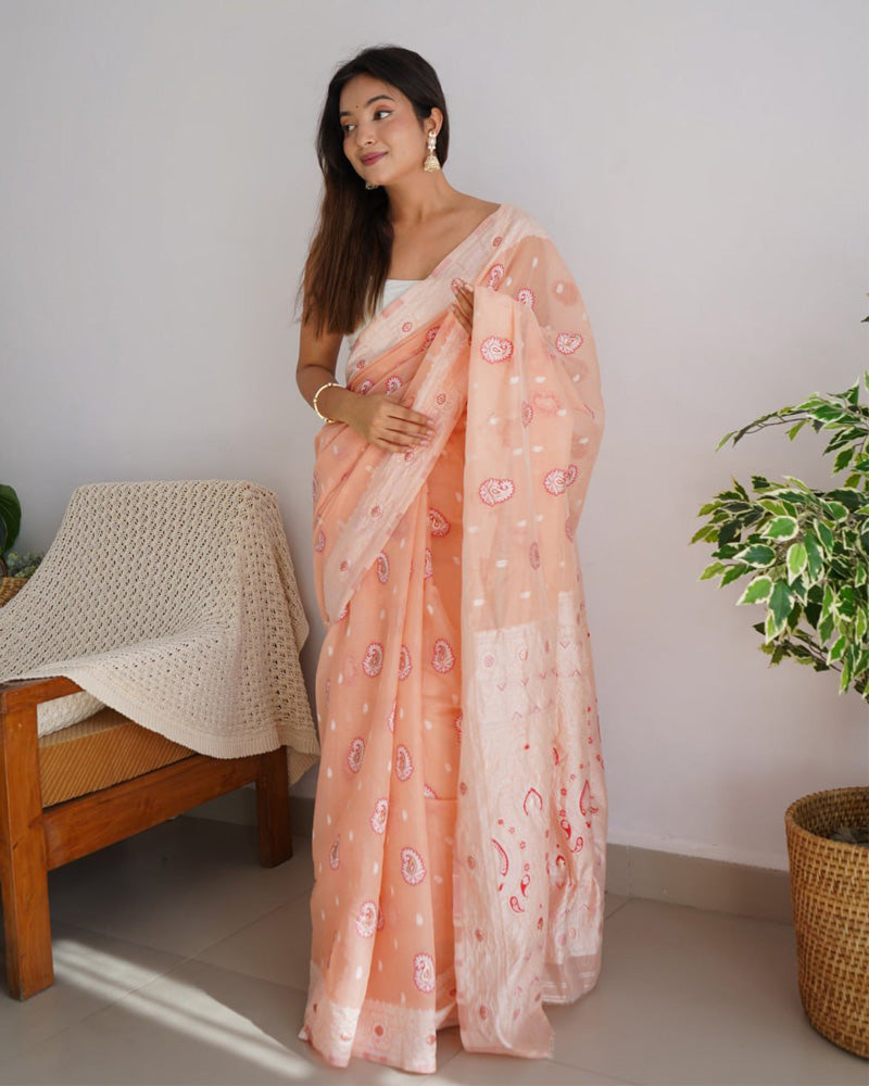 Beautiful Peach Color Soft Cotton Saree