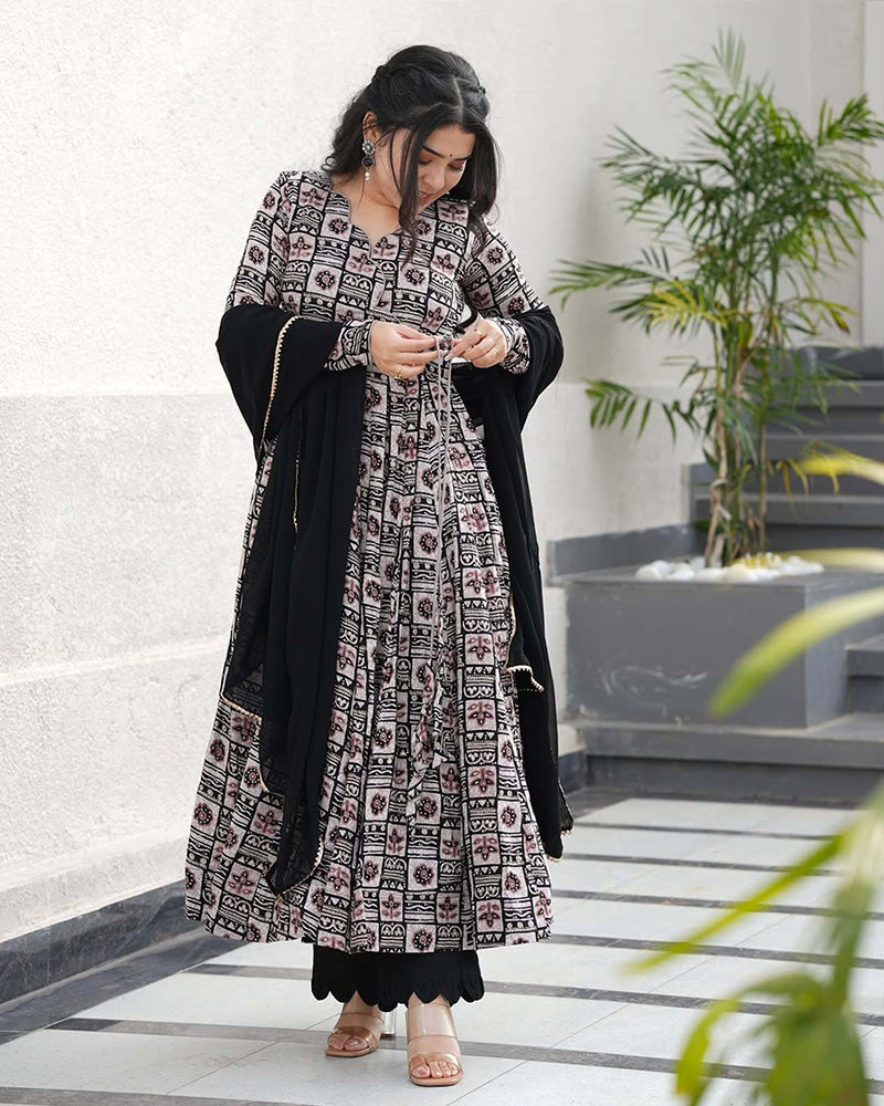 Black Color Rayon Printed Three Piece Anarkali Suit
