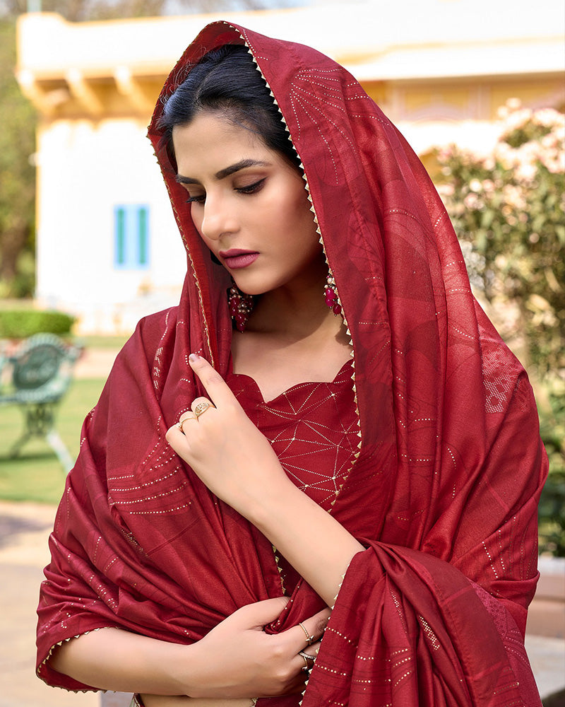 Red Color Tussar Silk Floral And Foil Printed Navratri Lehenga Choli