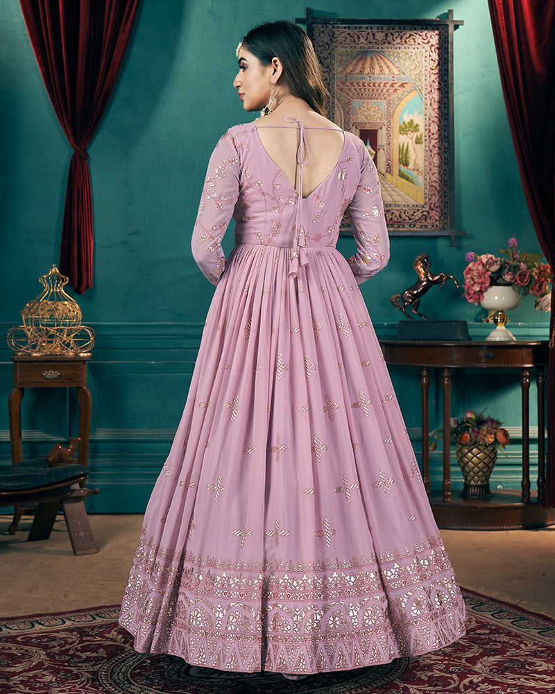 Baby Pink Color Faux Georgette Metalic Foil Work Gown With Dupatta