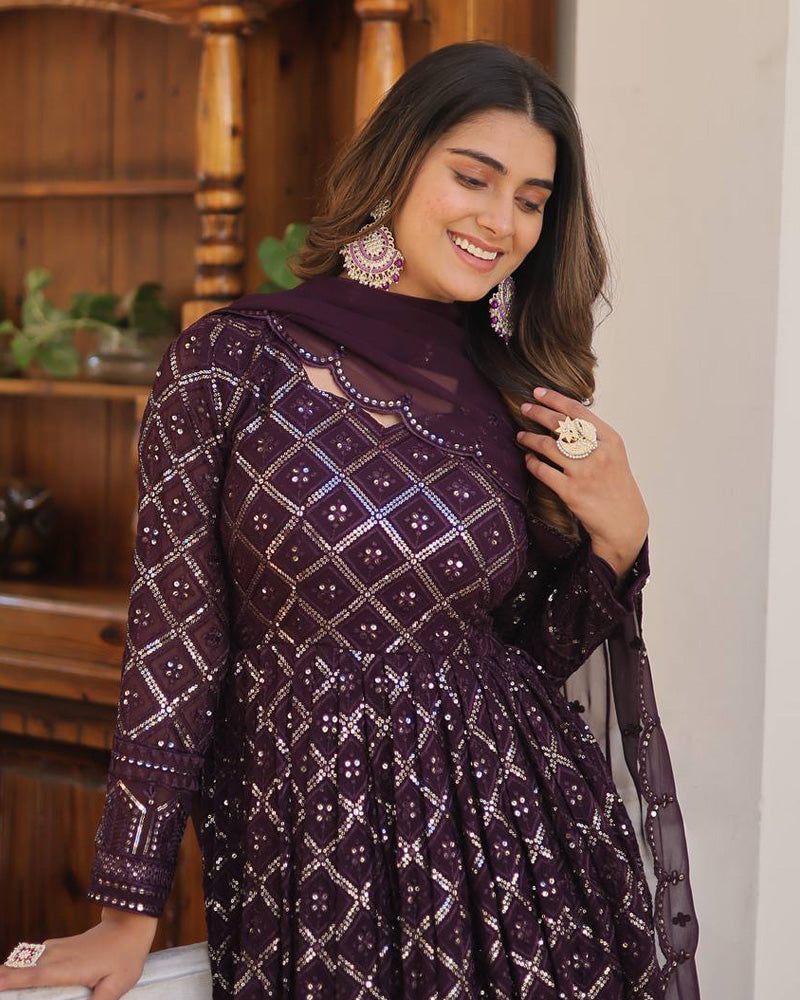 Wine Color Designer Anarkali Gown With Dupatta