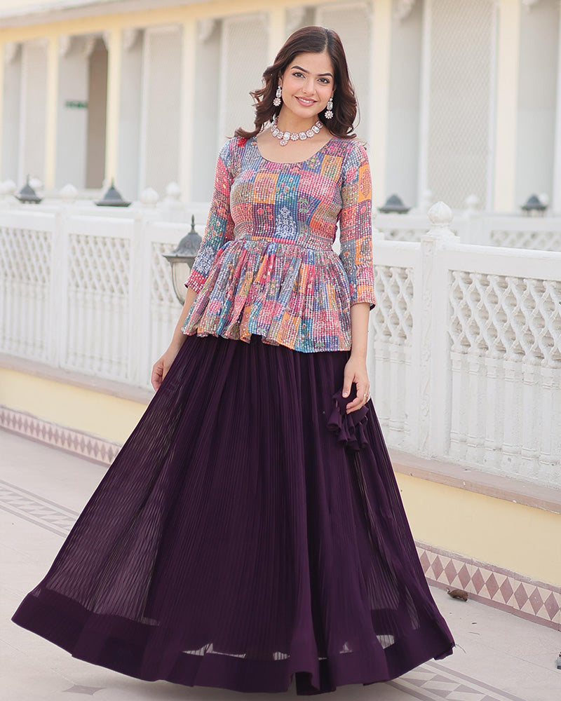 Wine Color Designer Ready To Wear Crop Top Lehenga Choli