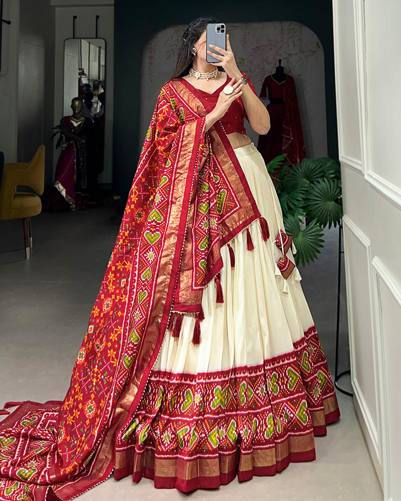 Red Color Tussar Silk Patola Printed Lehenga Choli