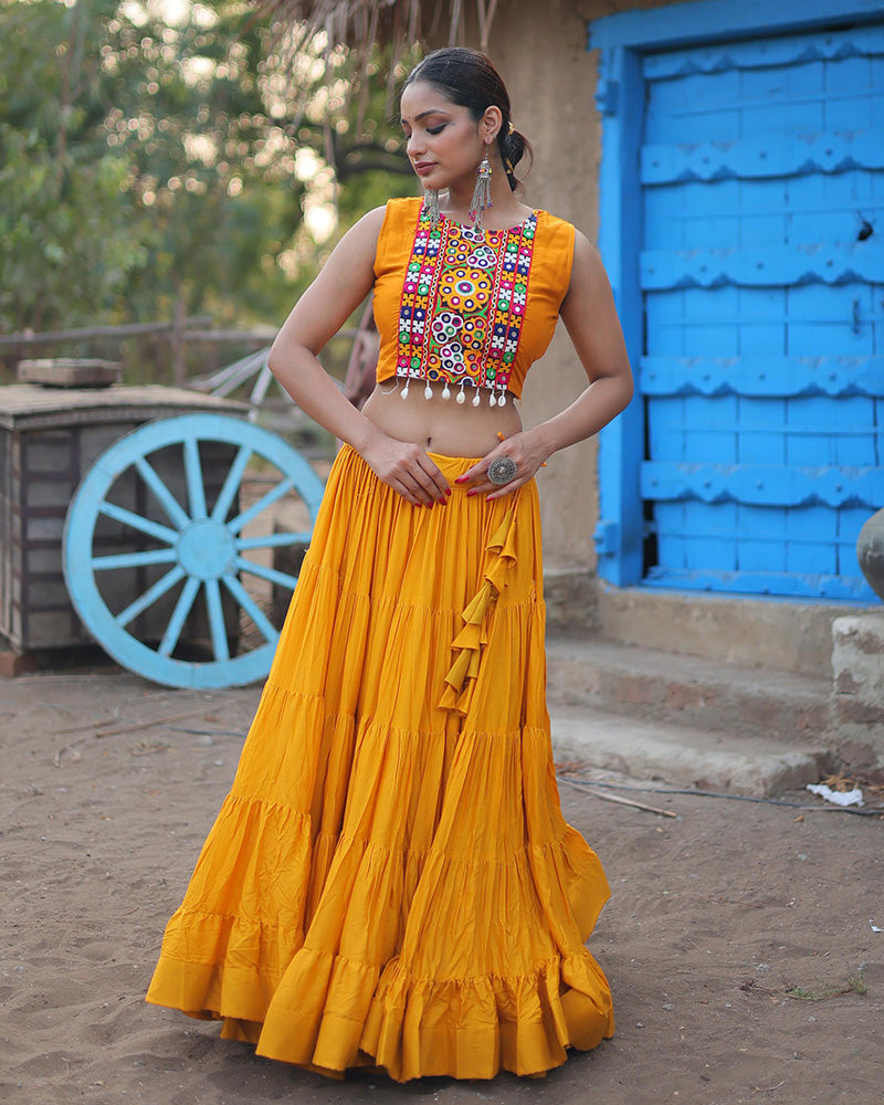 Mustard Color Rayon Embroidered Navratri Lehenga Choli