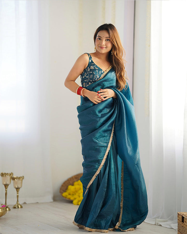 Teal Blue Color Tissue Silk Pre Drapped Saree