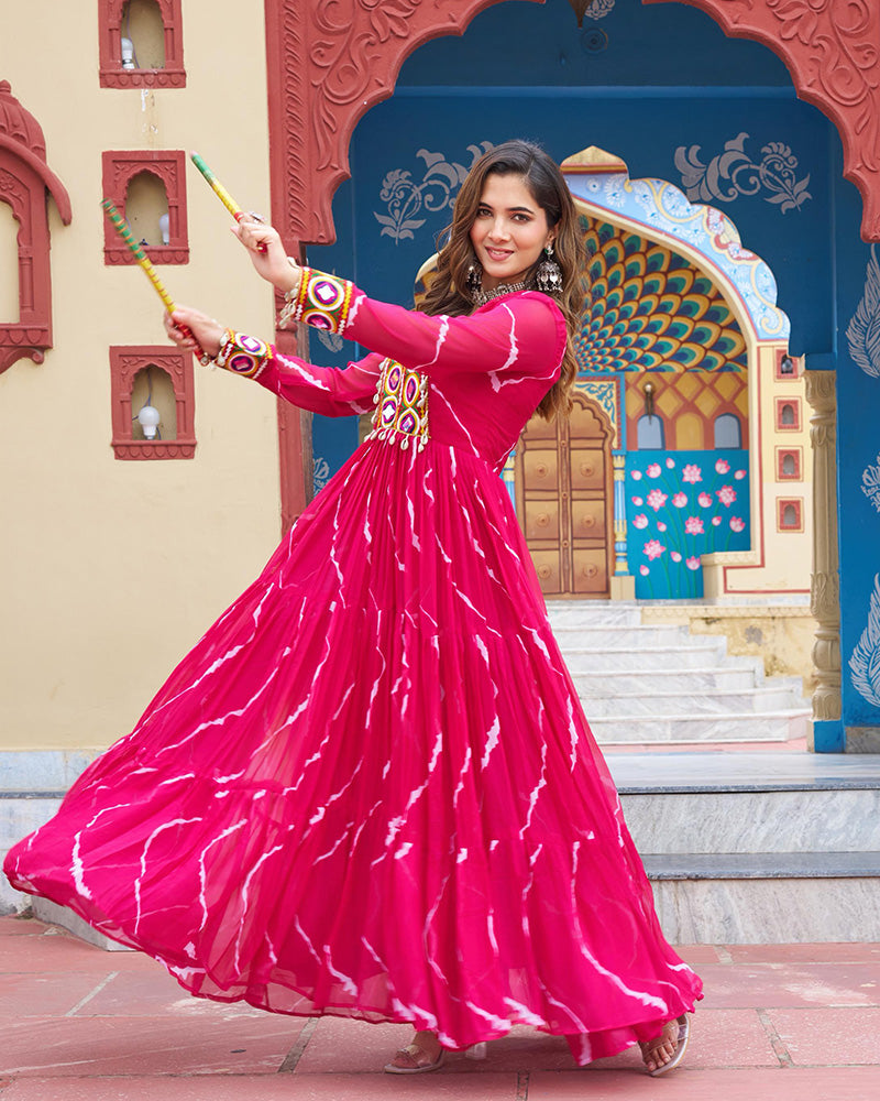 Rani Pink Color Georgette Laheriya Print Navratri Gown