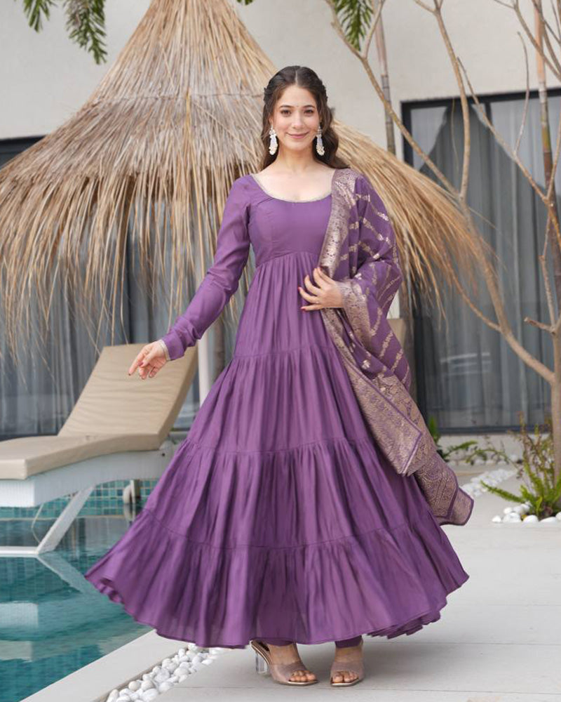 Dusty Purple Color Pure Chanderi Silk Frill Style Anarkali Suit