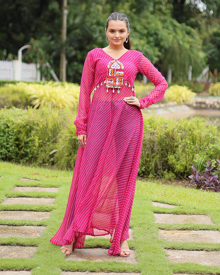 Rani Pink Color Georgette Laheriya Print Navratri Kurti