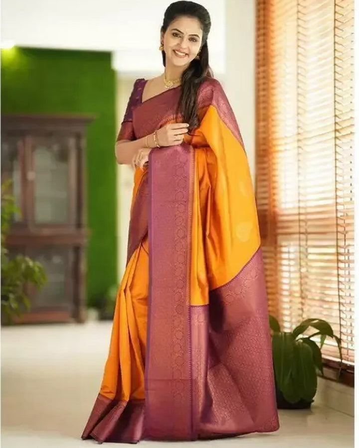 Mustard Color Banarasi Jacquard Soft Silk Saree