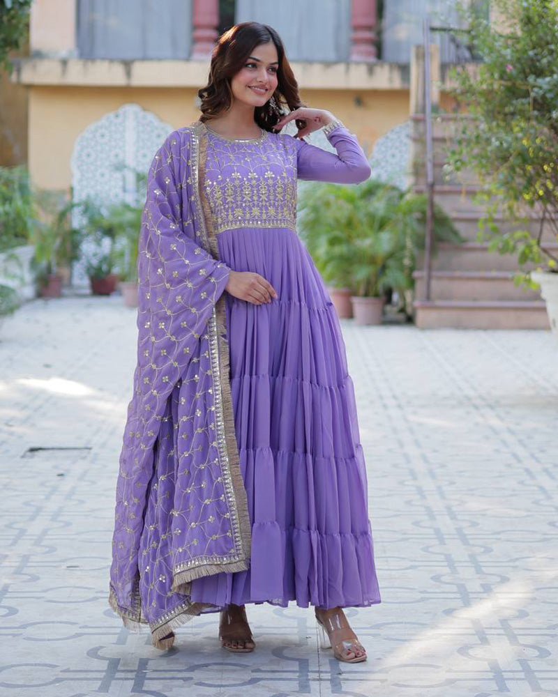 Purple Color Star Georgette Gown With Embroidered Dupatta