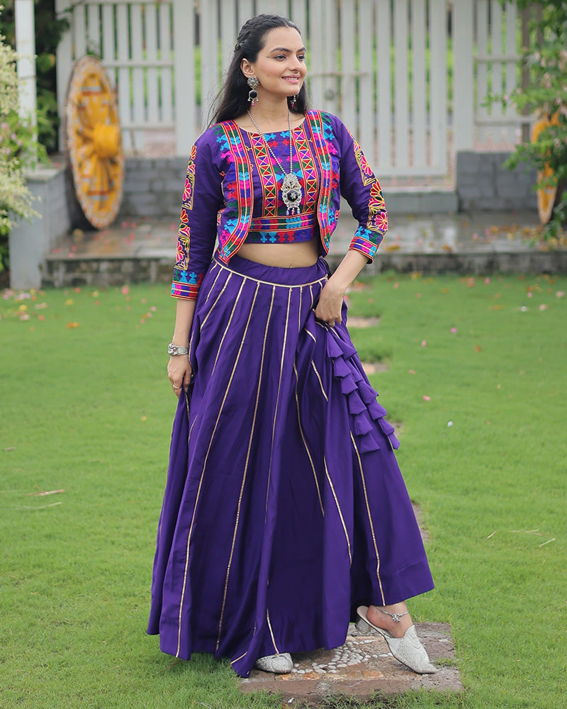 Elegant Purple Mirror Work Navratri Lehenga With Jacket Style Blouse