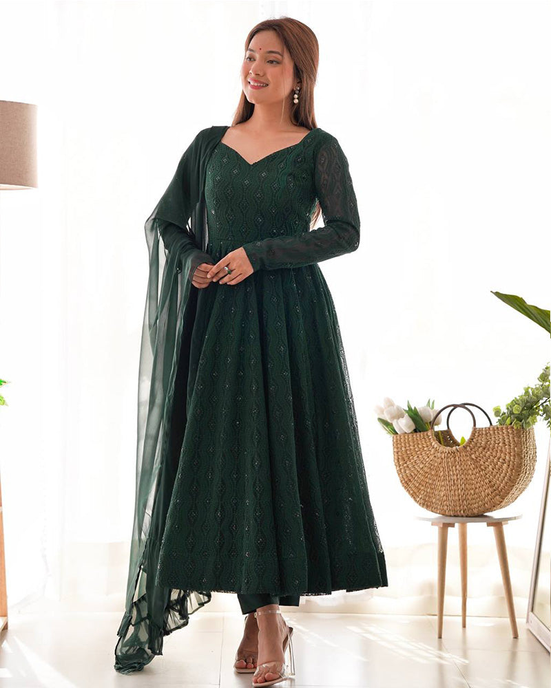 Green Color Georgette Lucknowi Three Piece Anarkali Suit