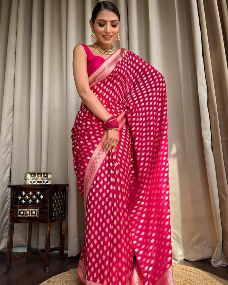 Beautiful Rani Pink Color Banarasi Jacquard Weaving Saree