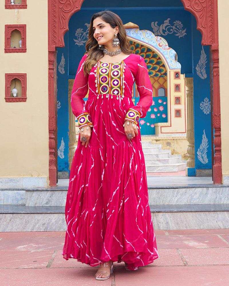 Rani Pink Color Georgette Laheriya Print Navratri Gown