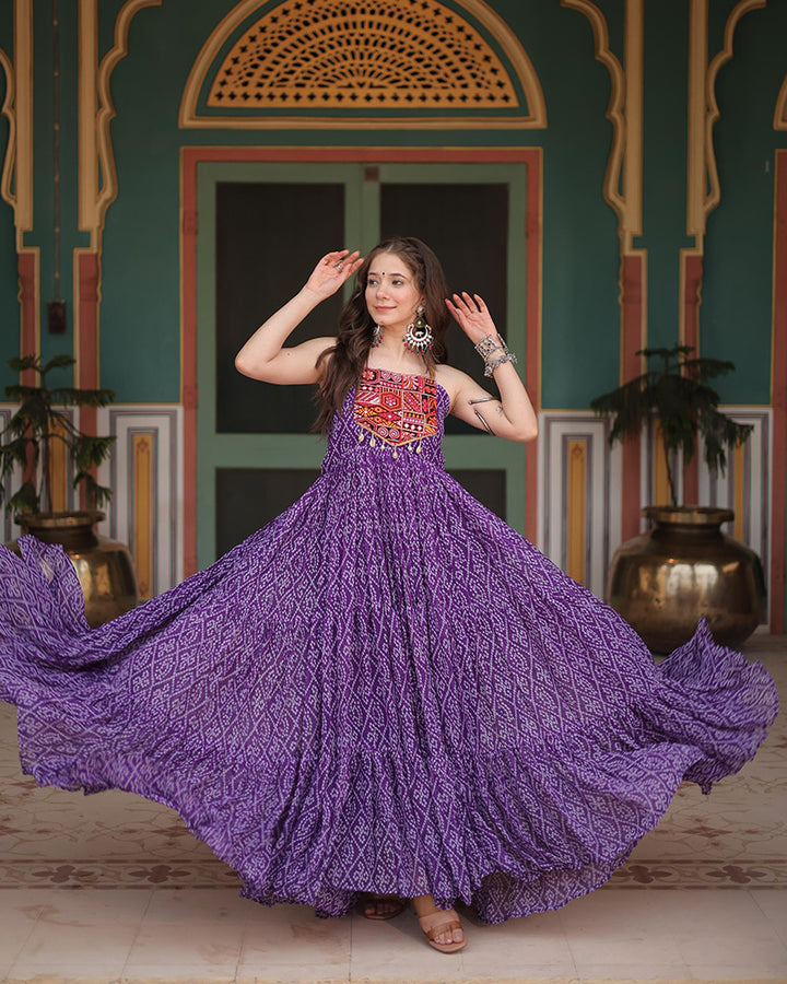 Purple Color Georgette Bandhej Print Navratri Gown