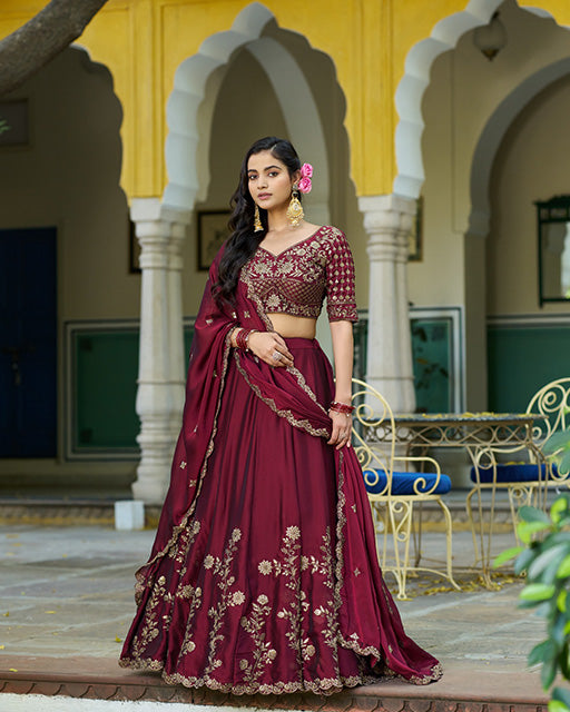 Dark Maroon Color Rangoli Silk Embroidered Lehenga Choli