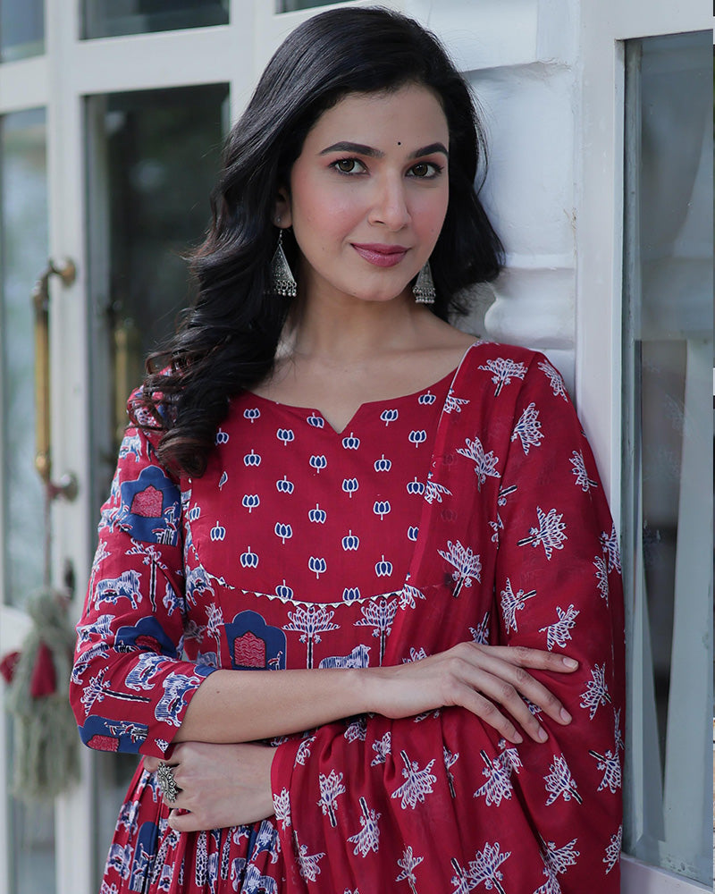 Red Color Printed Pure Cotton Three Piece Kurti Suit
