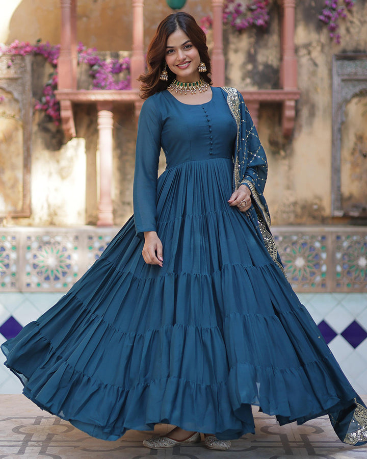 Morpeach Color Star Georgette Gown With Embroidered Dupatta