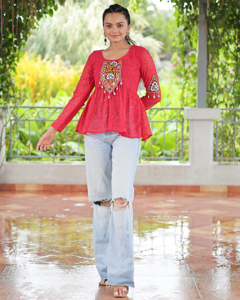 Pink Color Georgette Schiffli Work Navratri Kediya