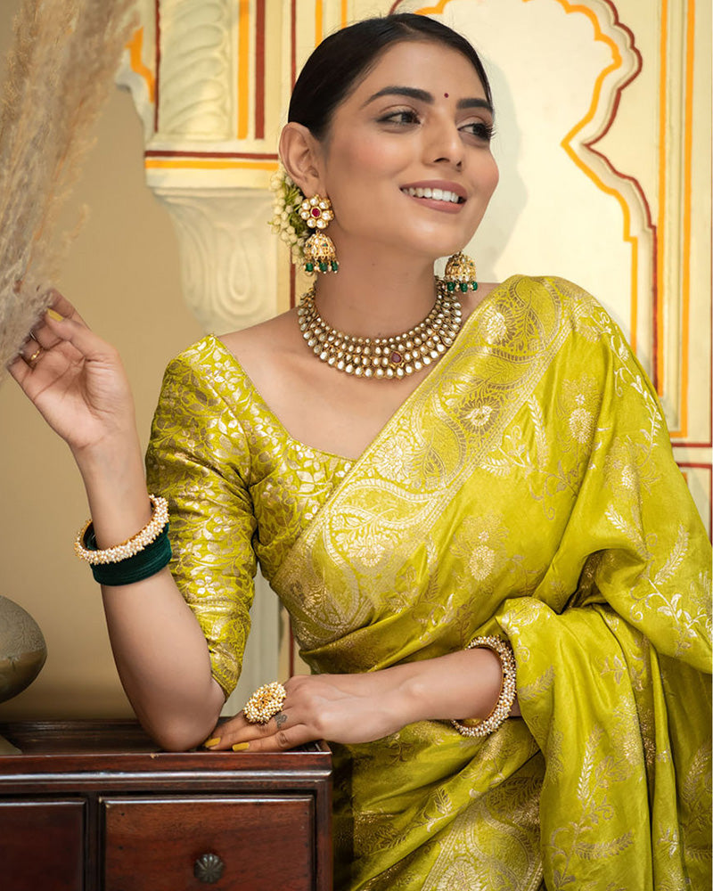 Lemon Color Banarasi Jacquard Zari Weaving Saree