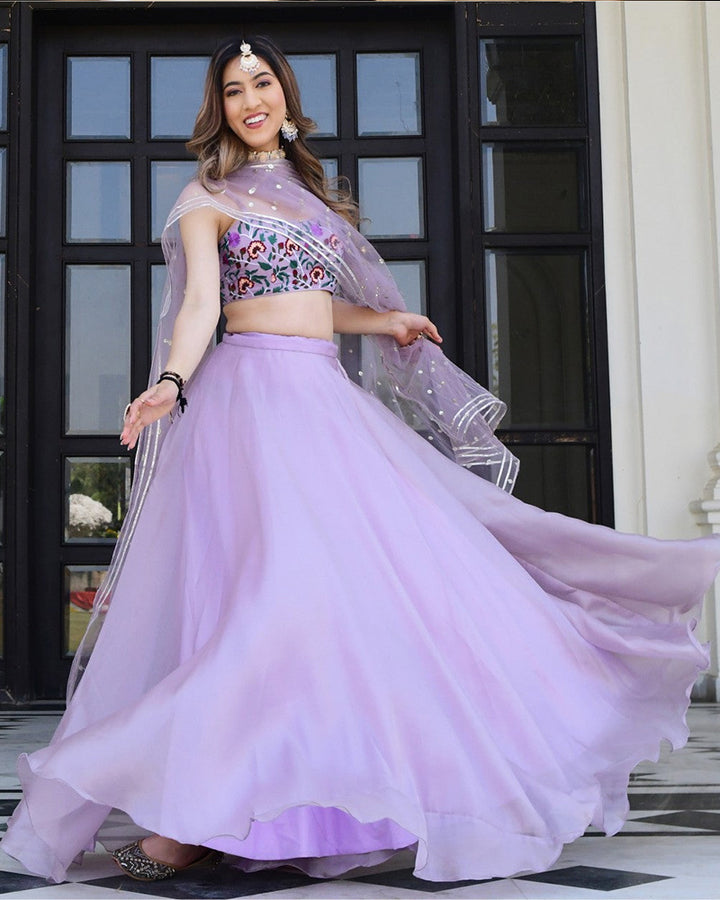 Lavender Color Organza Net Resham Embroidered Lehenga Choli