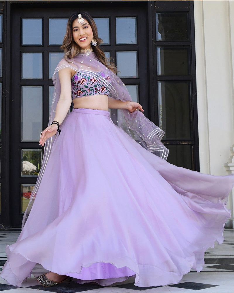 Whimsical Charm White Printed Organza Lehenga with Purple Cowled Bustier and Shrug Dupatta main image 0