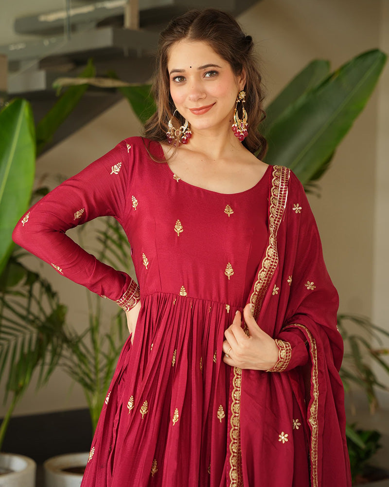 Red Color Chinnon Sequence Embroidered Gown