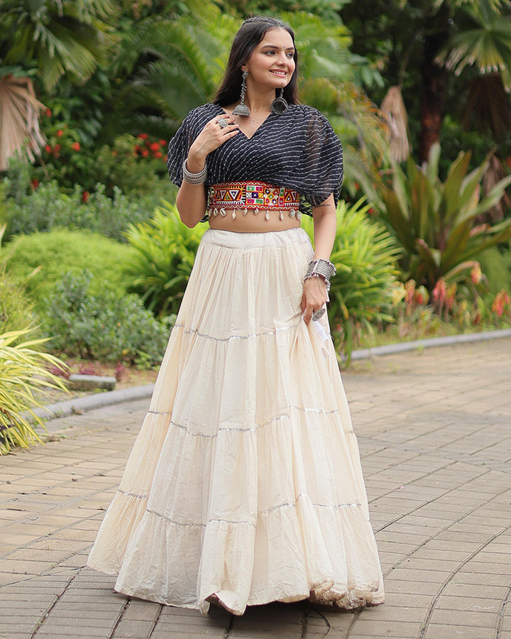 White Color Kora Cotton Lehenga With Black Choli