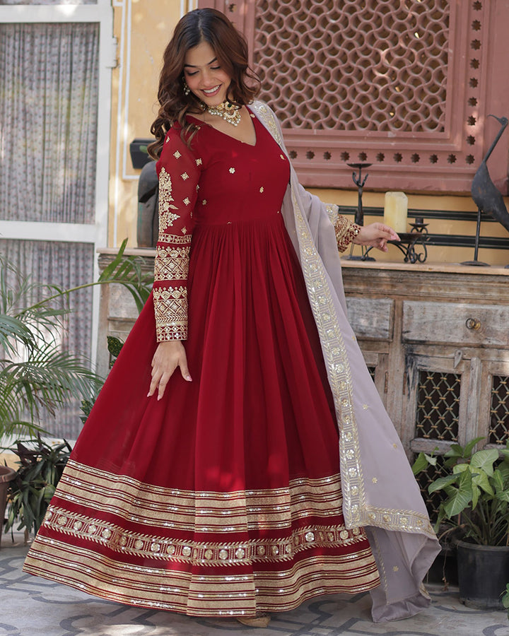 Rusty Red Color Faux Blooming Zari Embroidered Work Gown