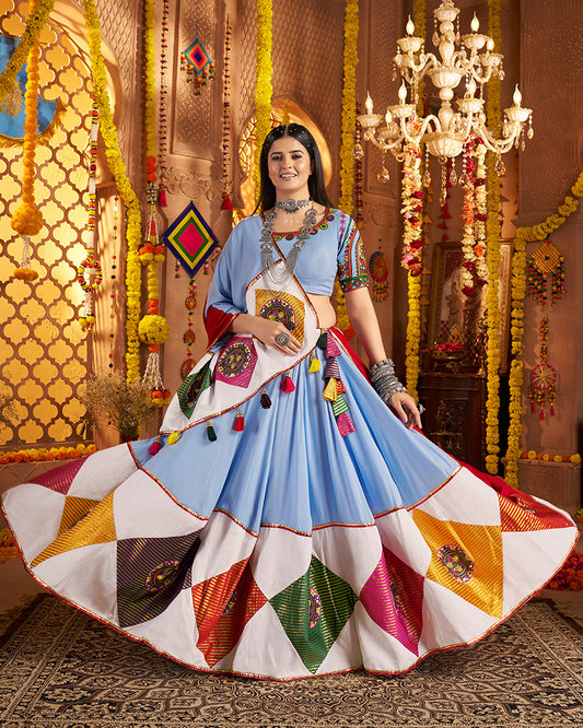 Sky Blue Viscose Cotton Embroidered Navratri Chaniya Choli