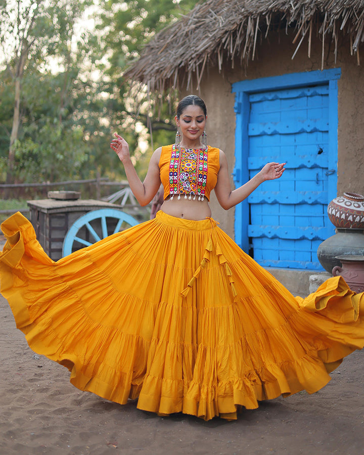 Mustard Color Rayon Embroidered Navratri Lehenga Choli