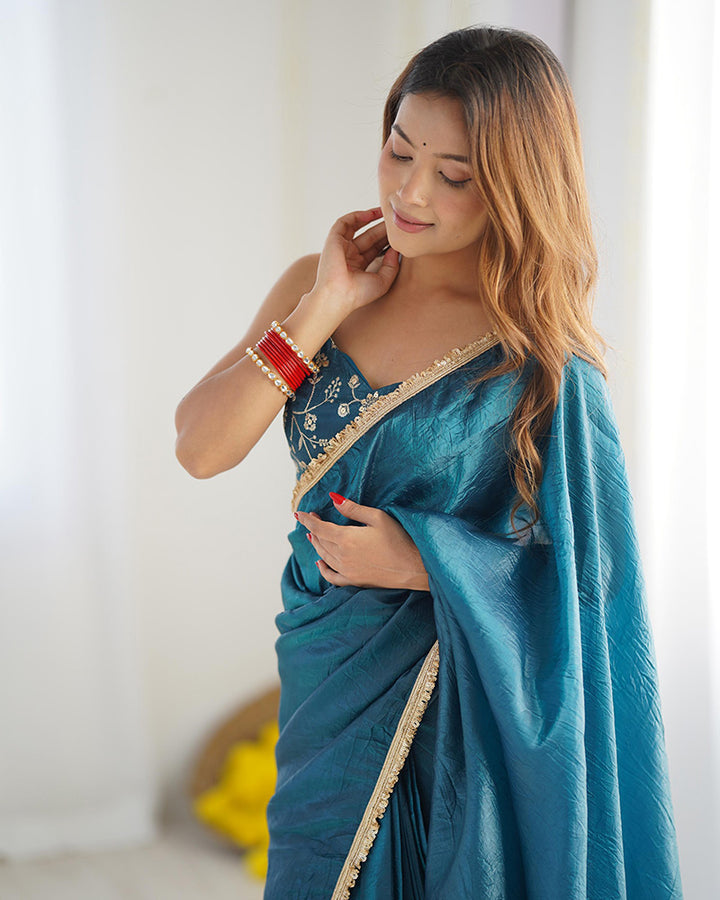 Teal Blue Color Tissue Silk Pre Drapped Saree