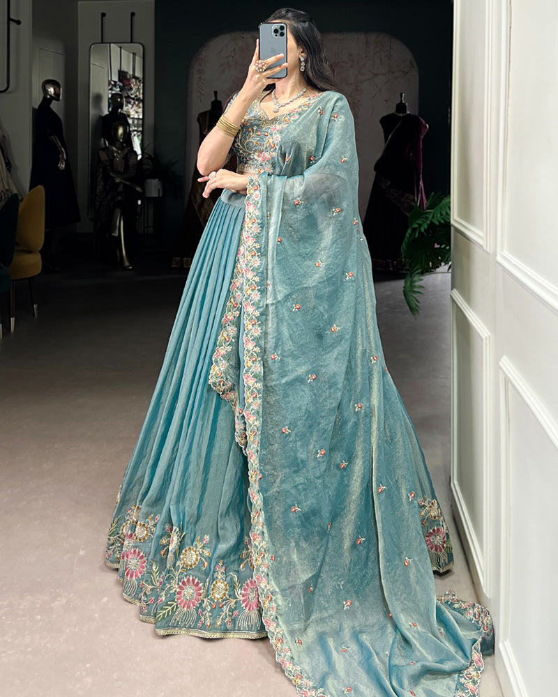 Sky Blue Color Zari Shimmer Thread Embroidered Lehenga Choli