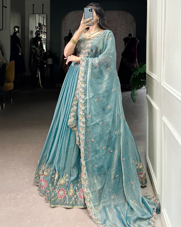 Sky Blue Color Zari Shimmer Thread Embroidered Lehenga Choli
