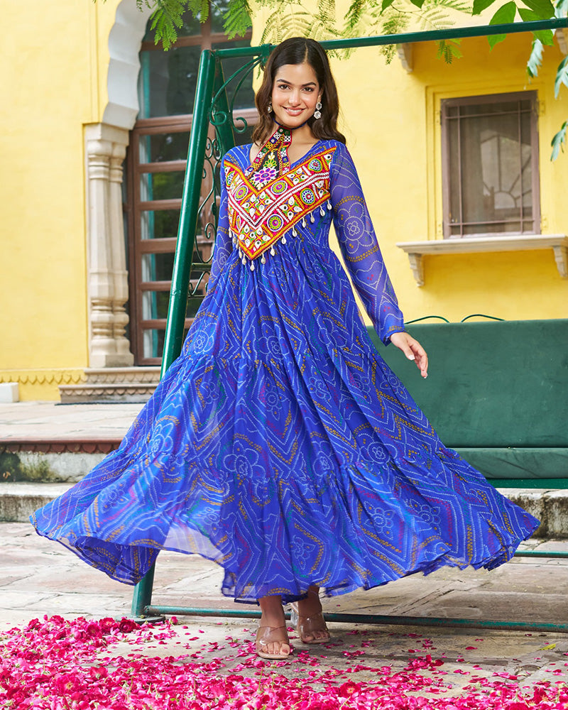 Festive Blue Ethnic Gown With Colorful Mirror Work