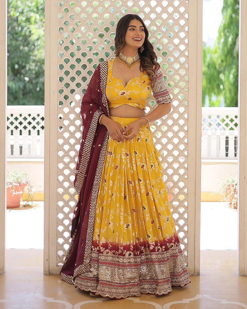 Yellow Color Pure Viscose Jacquard Lehenga Choli