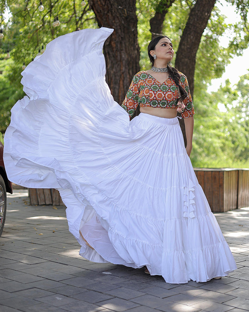 White Color Rayon Full Flair Navratri Lehenga Choli