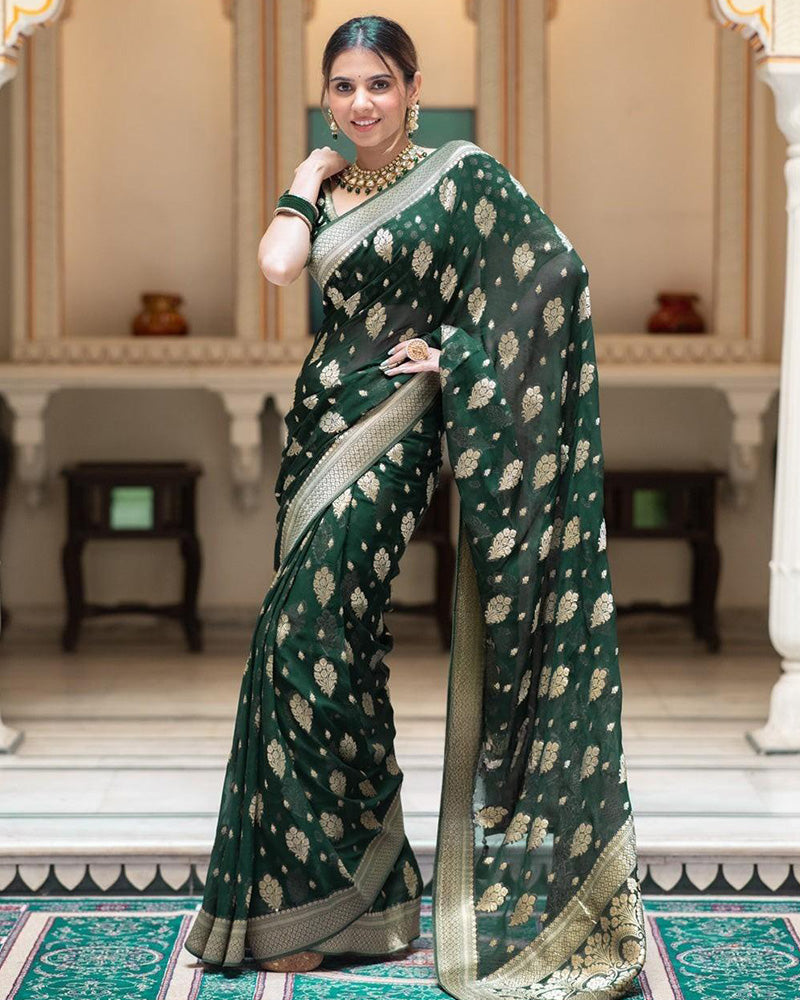 Green Color Banarasi All Over Jacquard Soft Silk Saree