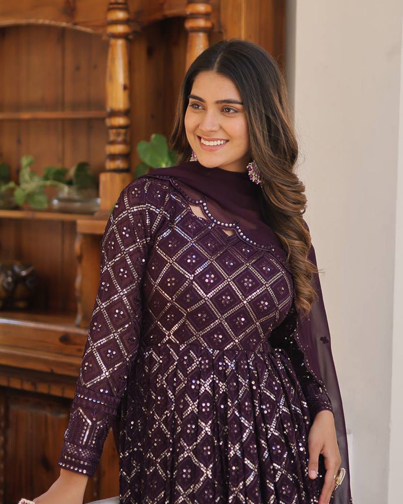 Wine Color Designer Anarkali Gown With Dupatta