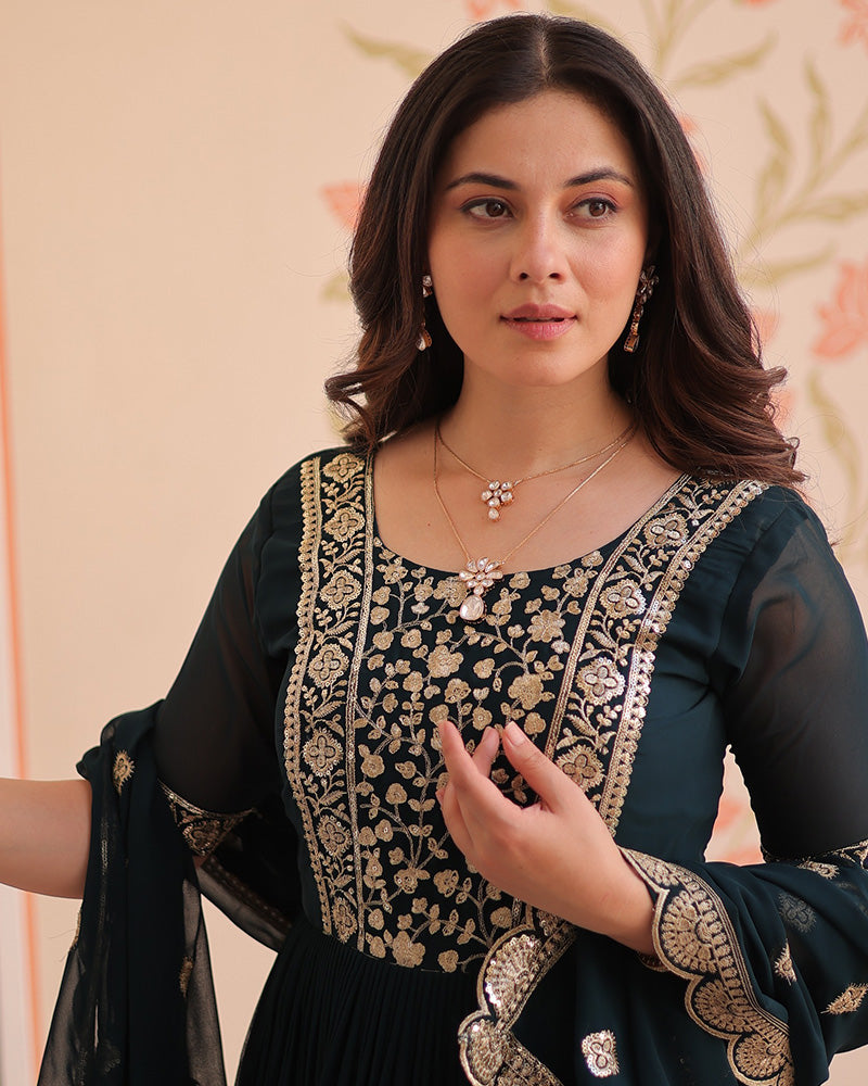 Designer Rama Blue Anarkali Gown with Golden Embroidery