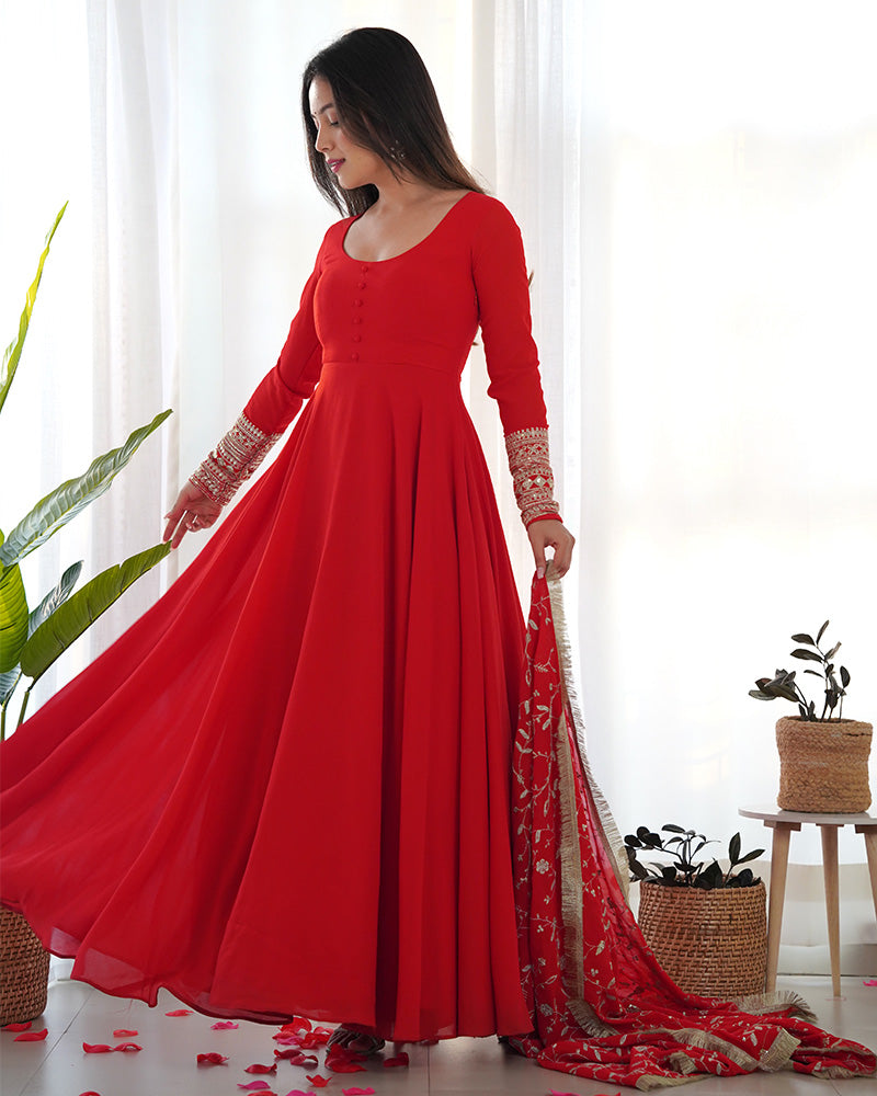 Red Color Soft Georgette Anarkali Gown With Heavy Embroidery Work